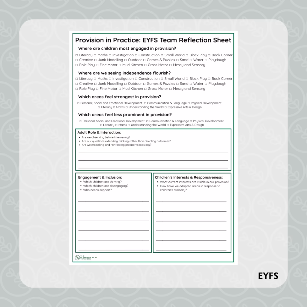 Provision in Practice: EYFS Team Reflection Sheet